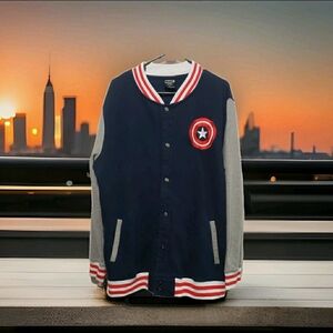Marvel Captain America Varsity Jacket XL Navy Gray Snap Button Bomber
